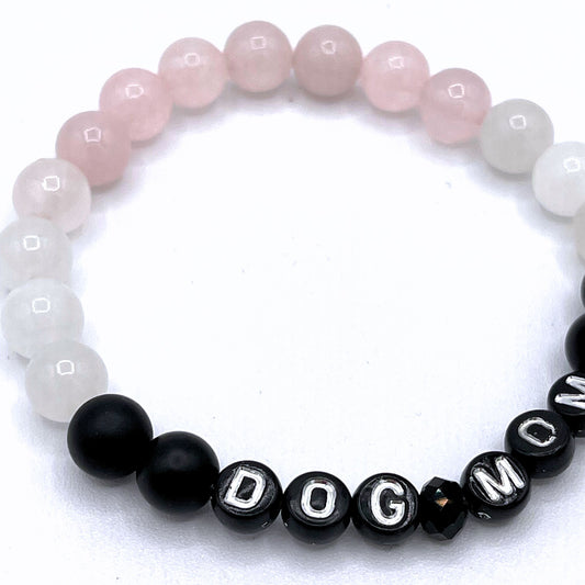 Dog Mom Mala Bracelet - Rose Quartz, White Chalcedony & Matte Black Agate