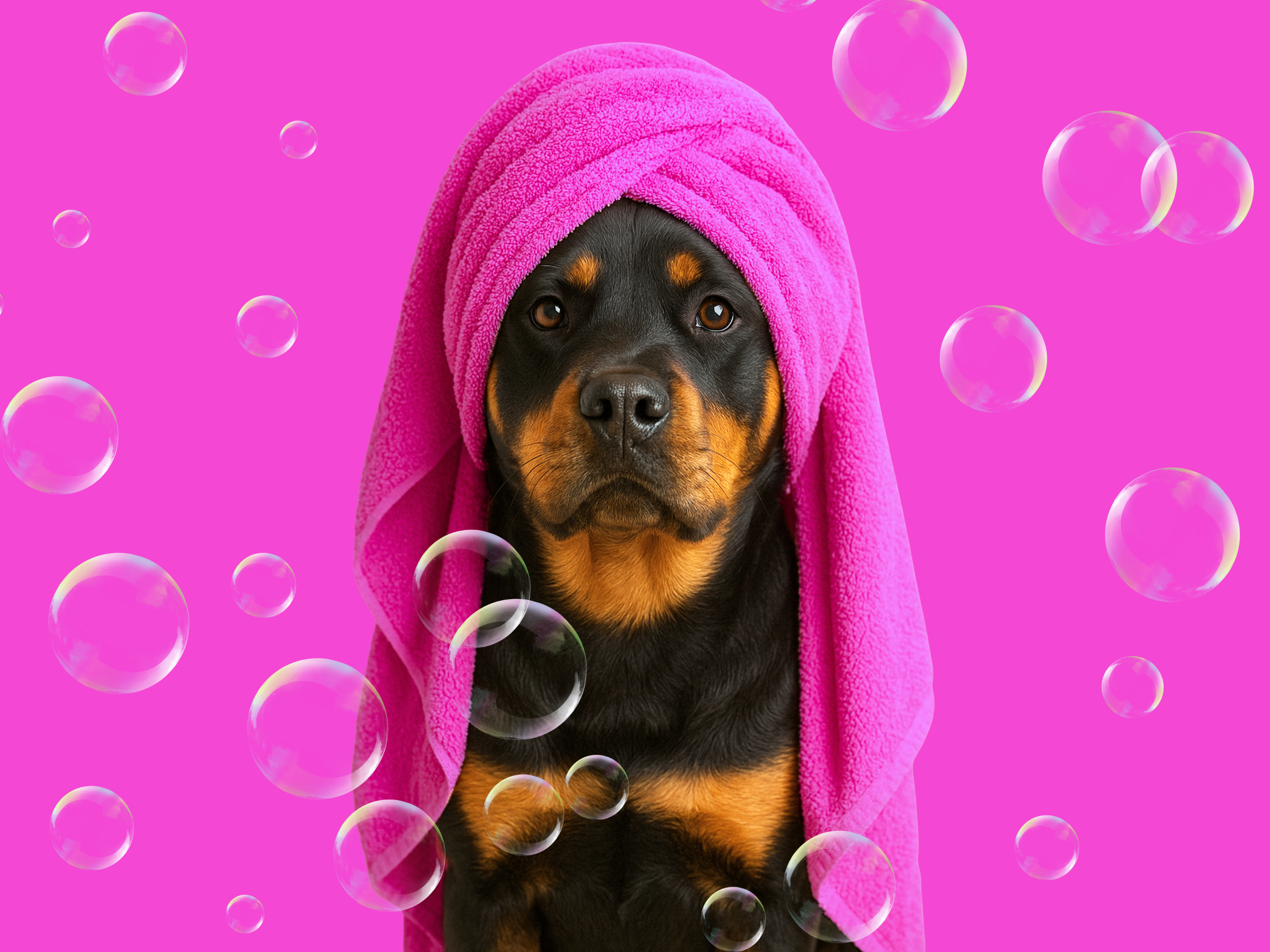 Dog with a pink towel on a pink background with bubbles