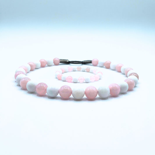 Dog Mala - Custom Beaded Rose Quartz and White Jade Dog Collar