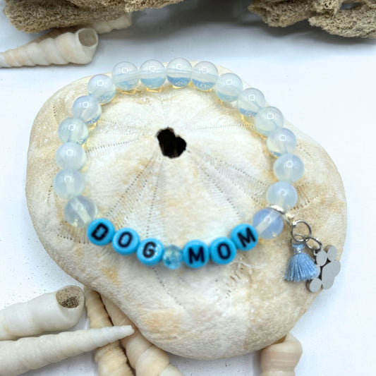 Moonstone Dog Mom Bracelet with Paw Charm and Tasel