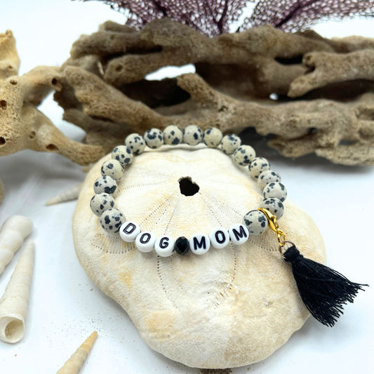 Dalmatian Jasper Dog Mom Bracelet with tassel and Faceted crystal bead.