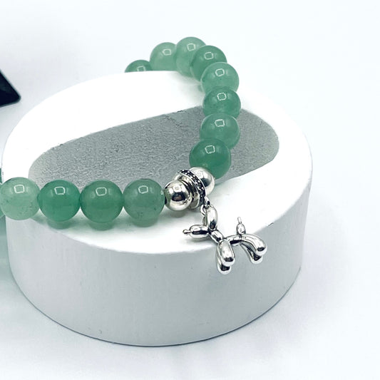 Green Aventurine 8mm gemstone Bracelet with Sterling Silver Ballon Dog Charm