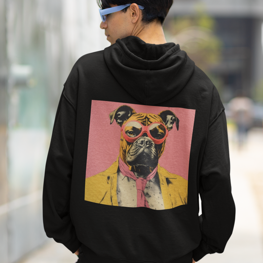 Boxer dog in Warhol Style with goggles and a suit,  boxer dog hoodie, dog lover hoodie.