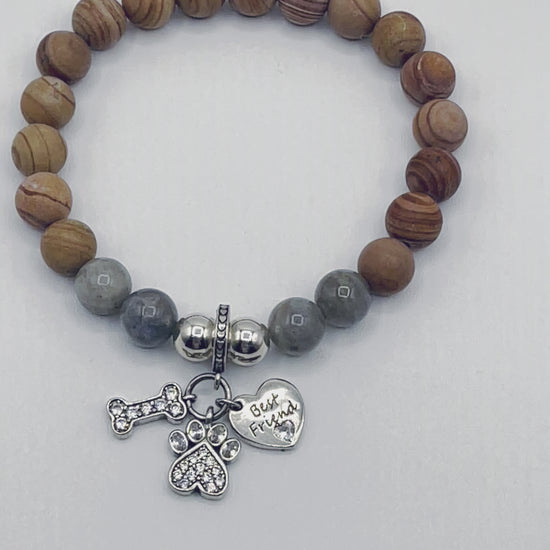 Matte Line Stone with Gray labradorite and sterling silver beads and sterling silver crystal dog bone charmvideo